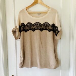 All At Once Women's 3X Beige Oatmeal Short Sleeve Knit Top Black Lace Romantic